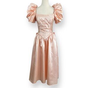 Vintage 80s Peaches & Cream Satin and Lace Waterfall Puff Sleeve Formal Dress